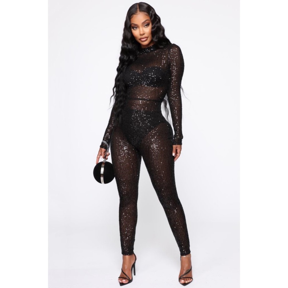 Black Sheer Sequin Jumpsuit • Size Small • BNWT